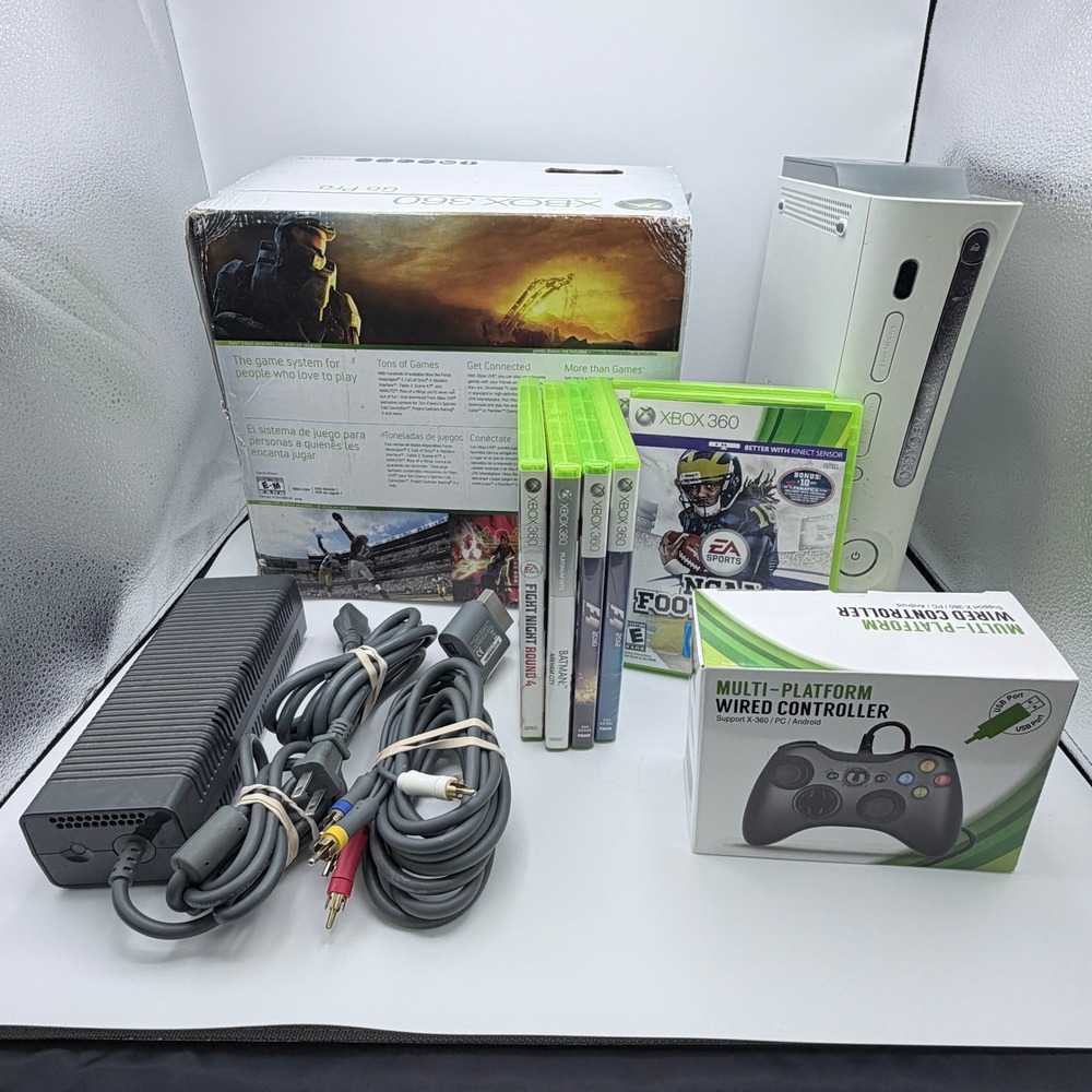 Microsoft Xbox 360 Pro Console Bundle NCAA Football 14 12 Batman 20GB HDMI White